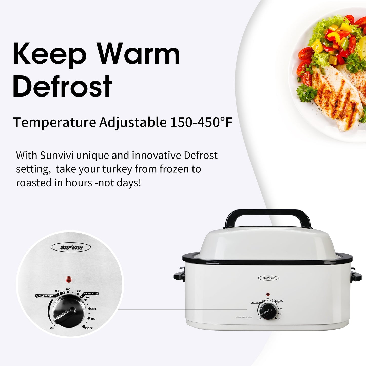 RoyalCraft 20 Quart Electric Roaster Oven with Self-Basting Lid, Stainless Steel, Silver