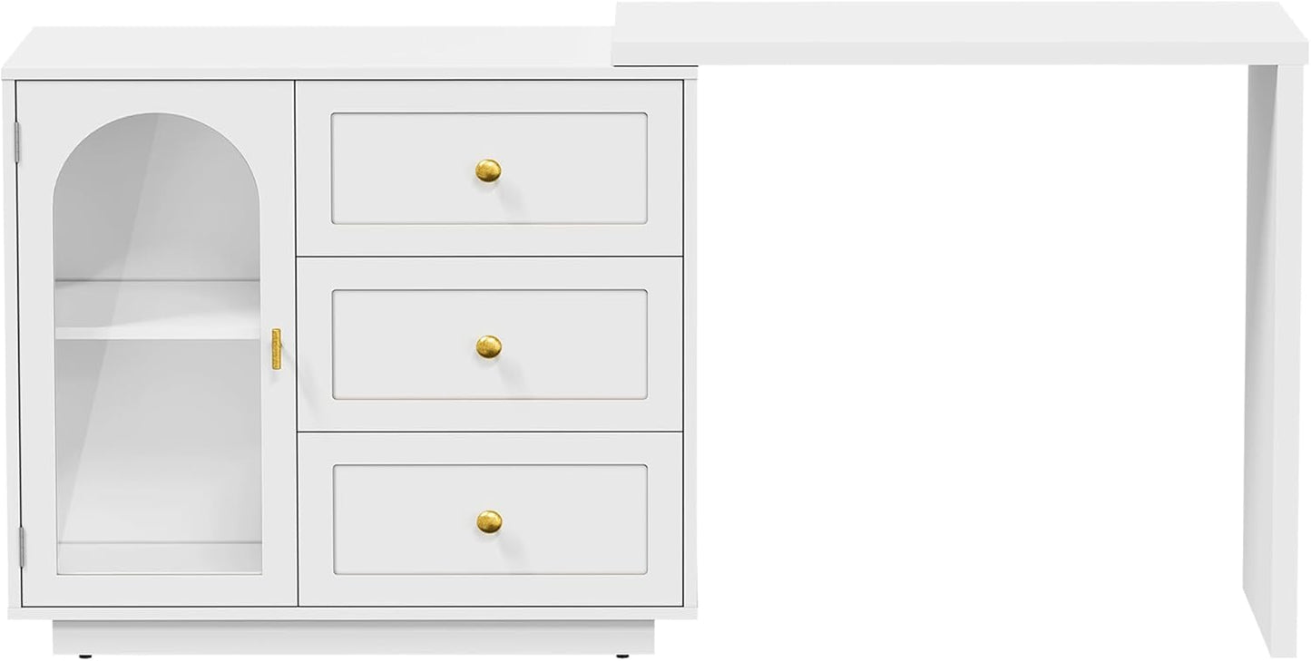 RoyalCraft 59¡± Large Extendable Makeup Vanity Desk, Corner Vanity Table with 3 Drawer & 1 Door, Modern Dressing Table and Chest of Drawers Combo, Accent Vanity for Bedroom, Dressing Room