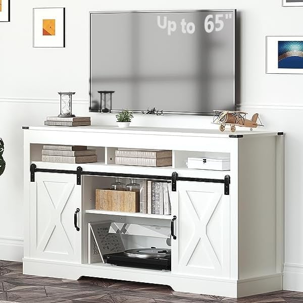 Royalcraft Farmhouse TV Stand for 65+ Inch TV, 34'' White Entertainment Center with Sliding Barn Doors, Wood Cabinet Television Stands