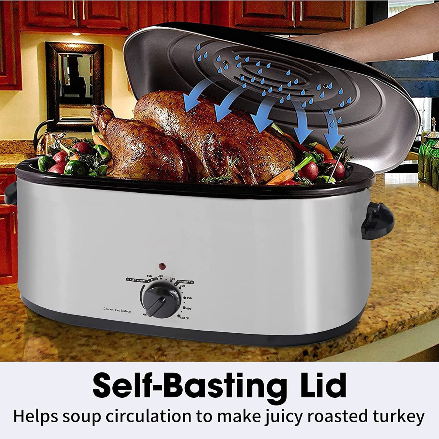 RoyalCraft 20 Quart Electric Roaster Oven with Self-Basting Lid, Stainless Steel, Silver