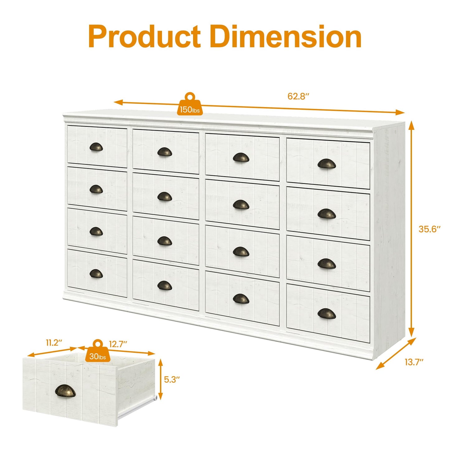 CozyHome Fluted Dresser Set of 4, White 4 Drawer Dresser with Bronze Metal Handles, Modern Dresser Organizer with Soft-Close Drawers, Chest of Drawers for Bedroom, Living Room, Entryway