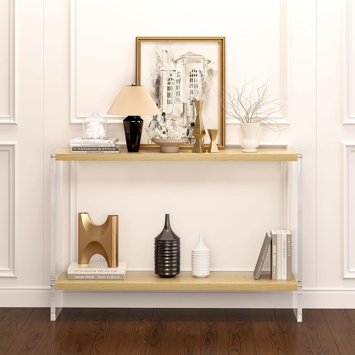 Acrylic Console Table, 47.24" Modern Entryway Table with Storage Shelf, Clear Acrylic Doorway Table, 2-Tier Sofa Table for Living Room, Bedroom, Hallway, and Dining Room (Black)