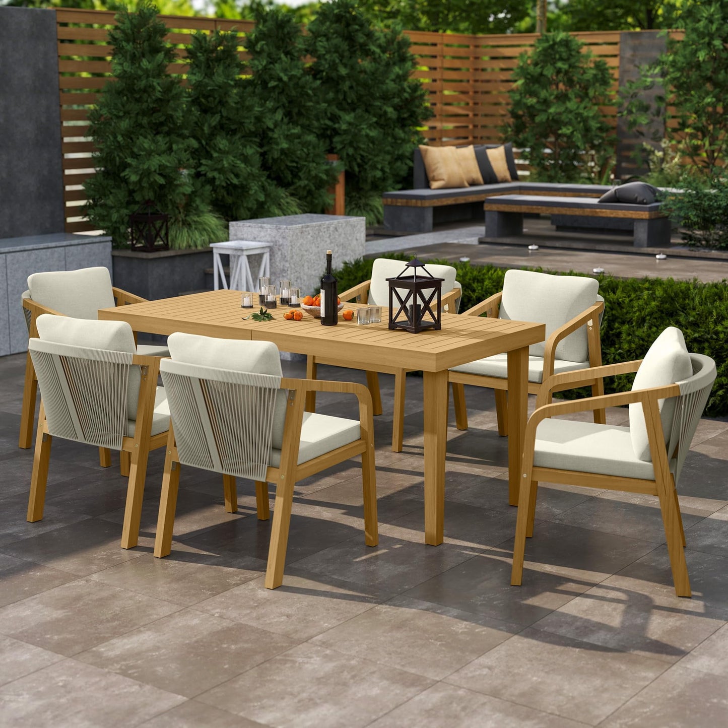Heynemo Acacia Patio Dining Chairs Set of 6, Outdoor Wood Dining Chairs with Thick Cushions, Modern Patio Chairs with Woven Rope Backrest for Porch, Backyard, Garden, Indoor, Beige