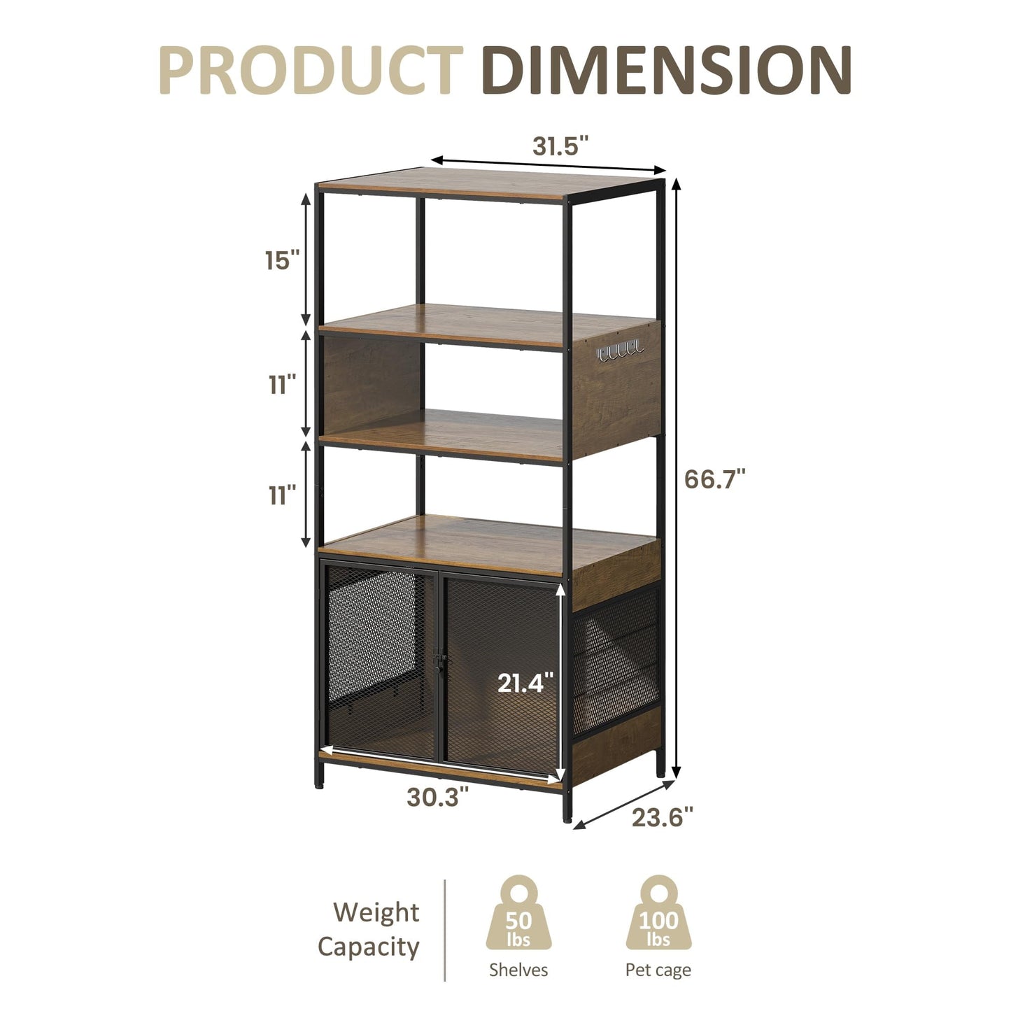 Superjoe Dog Crate Furniture with Display Shelf, Decorative Dog Crate Industrial Bookshelf with Kennel, Furniture Style Dog Crate for Medium Dog, Cat Litter Box Furniture, Brown