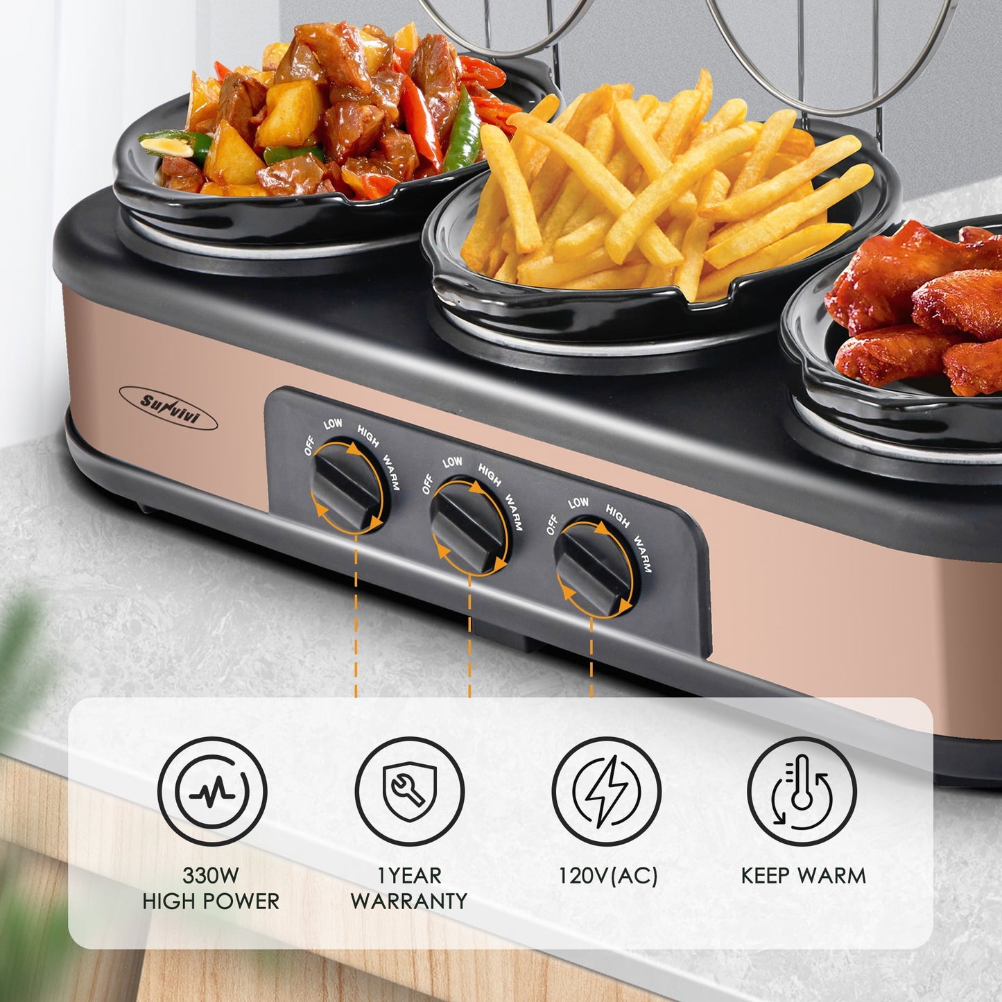 Royalcraft Double Slow Cooker, 2 Pot 1.25 Quart Oval Crock Food Warmer Buffet Server, Stainless Steel