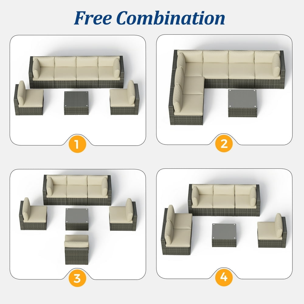 Royalcraft 7 Pieces Patio Furniture Sets, All-Weather PE Grey Wicker Outdoor Rattan Sectional Sofa, Patio Sofa Couch with Table and Beige Cushions