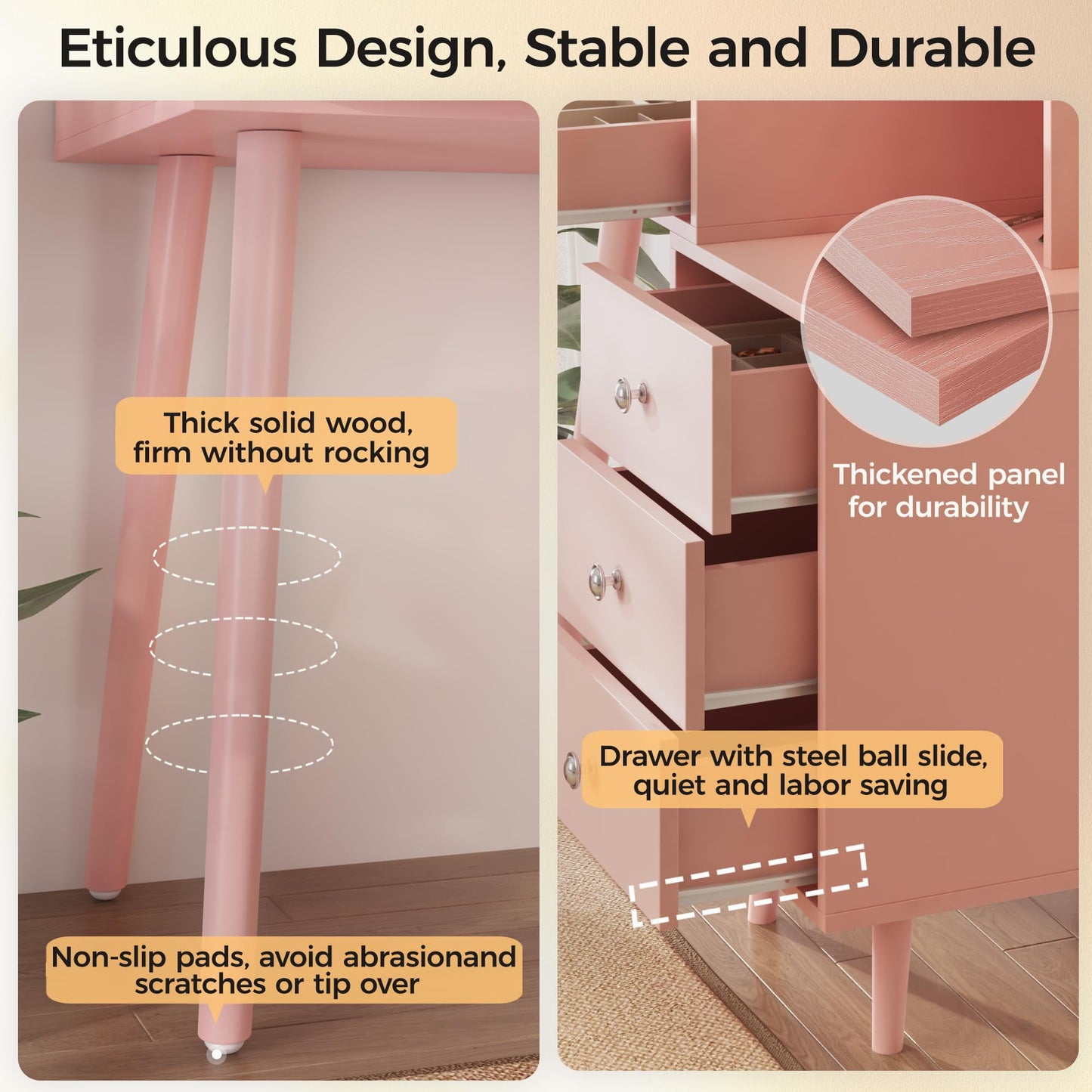 RoyalCraft Vanity Desk with Sliding Mirror and LED Lights, 2 in 1 Wooden Makeup Vanity Desk for Nightstand and Dressing Table, Compact Medium Makeup Table with Sliding Mirror for More Storage Space