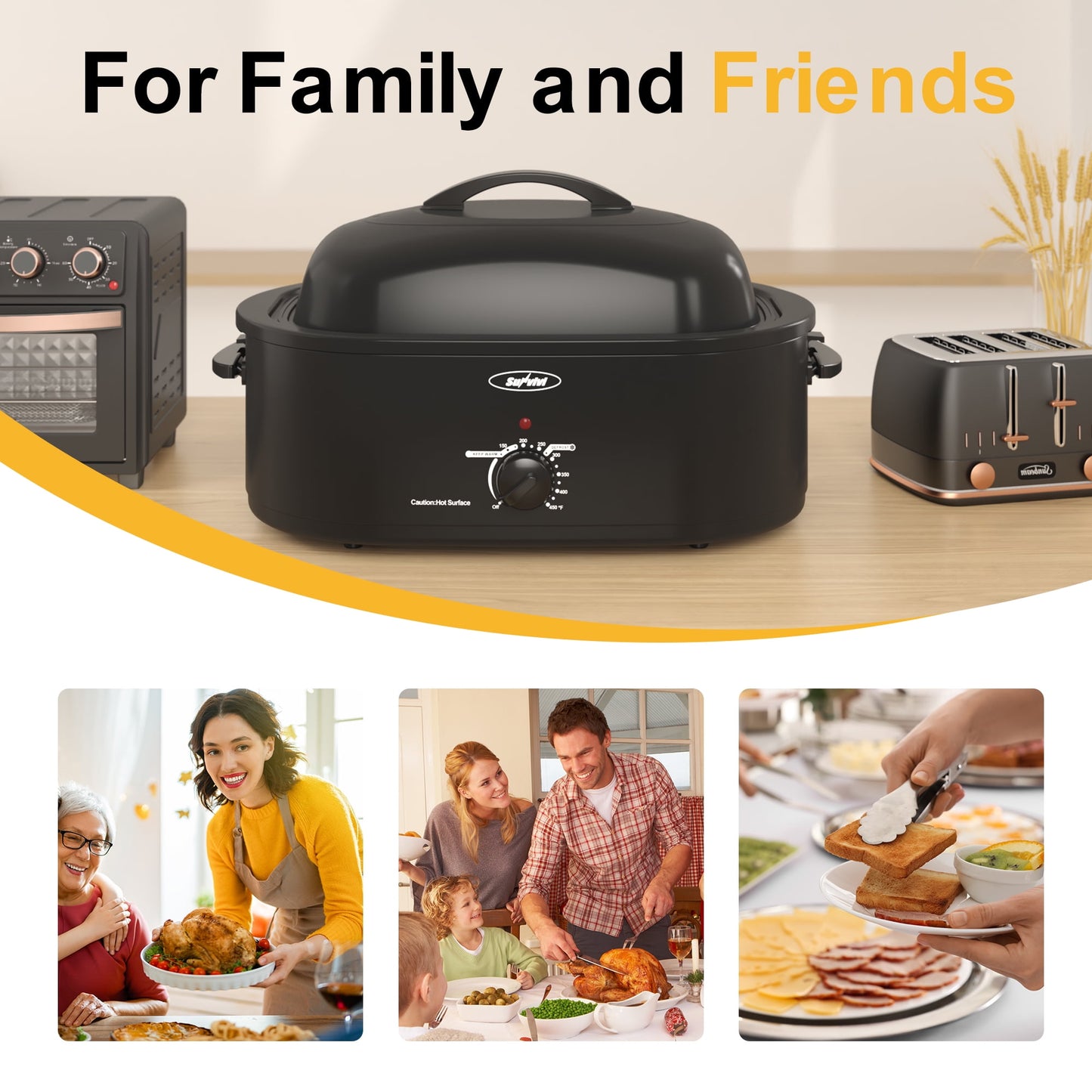 RoyalCraft 24 Quart Electric Roaster Oven with Visible & Self-Basting Lid, Stainless Steel, White