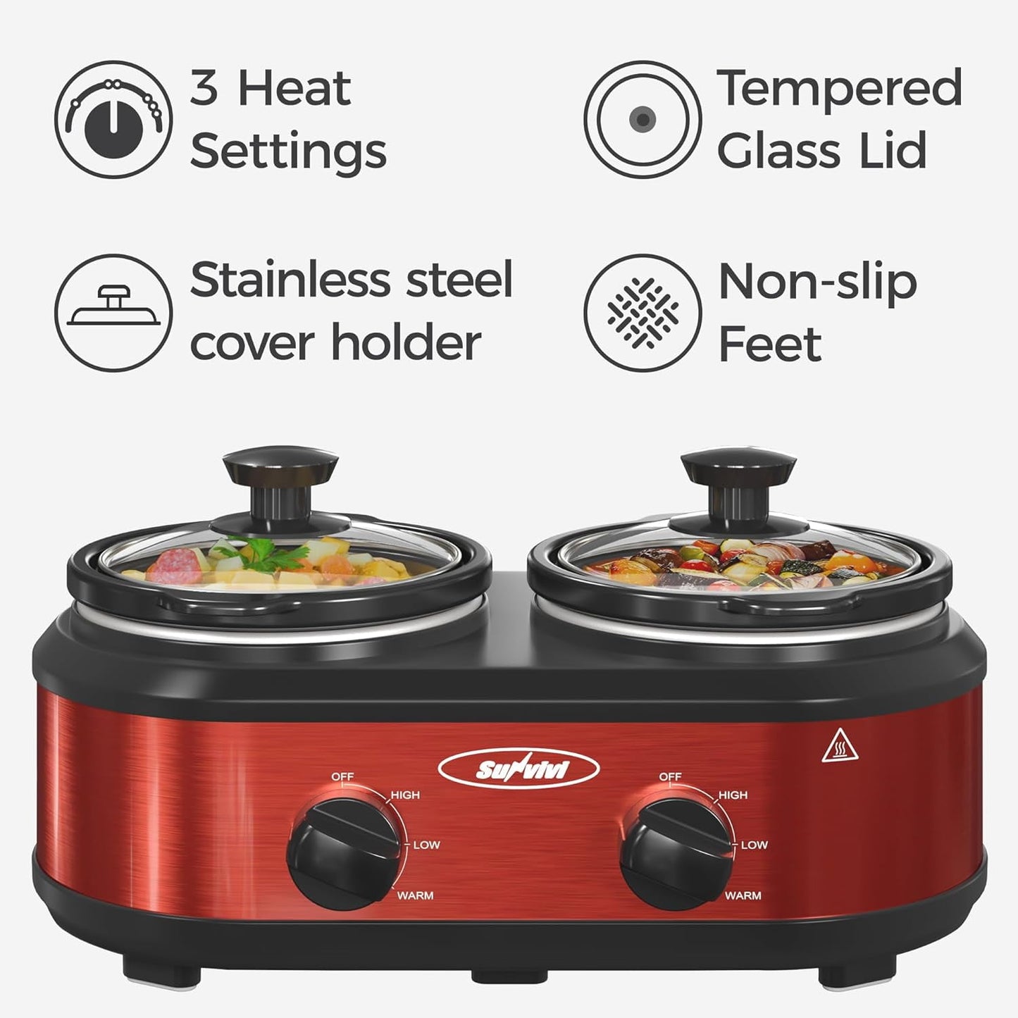 Royalcraft Double Slow Cooker, 2 Pot 1.25 Quart Oval Crock Food Warmer Buffet Server, Stainless Steel