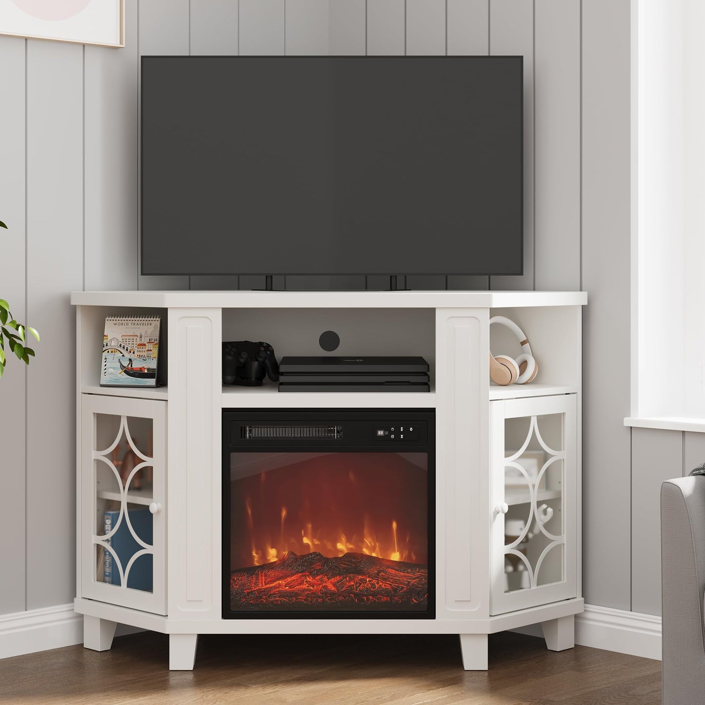 Heynemo Corner TV Stands for TVs up to 55'', Media Console Table with Adjustable Shelves, Acrylic Doors with Double-Diamond Design, Wood Modern Entertainment Center for Living Room Bedroom, White