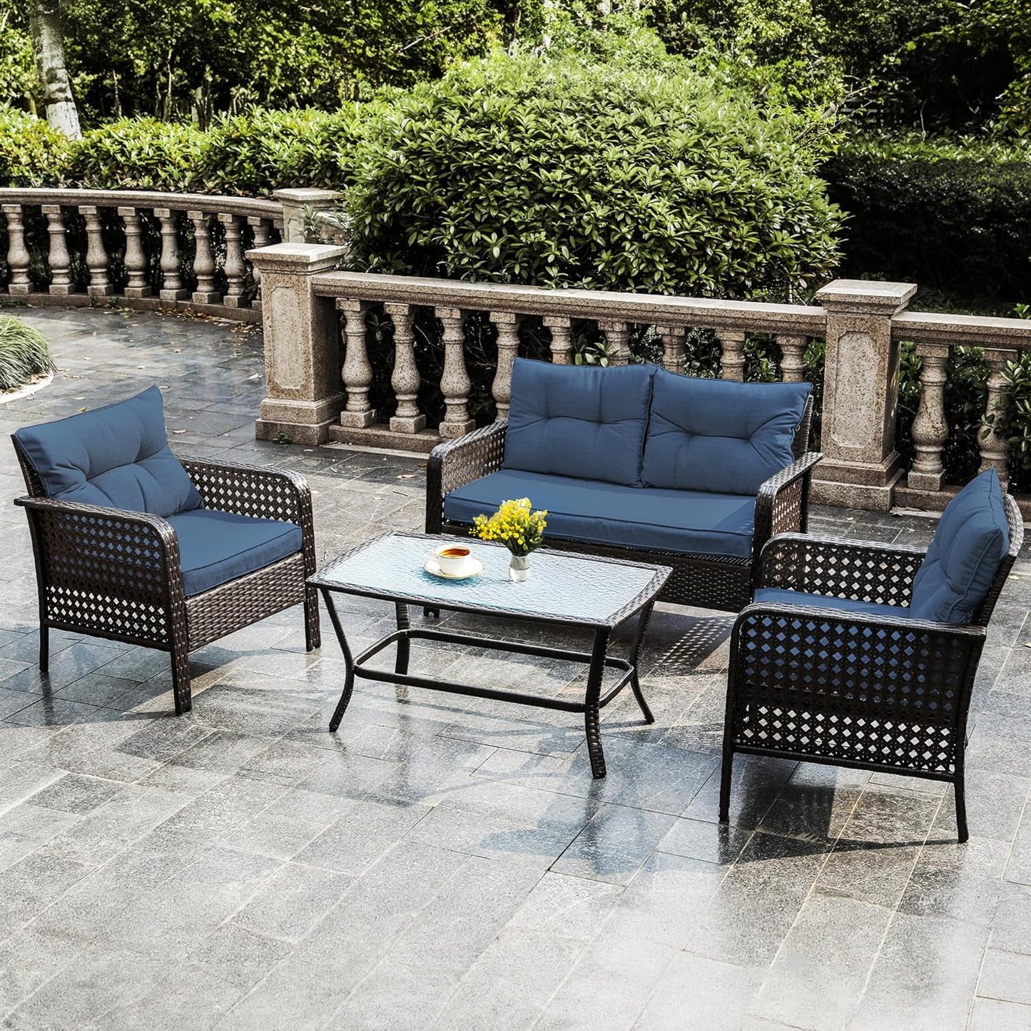 CozyHom 4-Piece Patio Furniture Set, Outdoor Rattan Chair Wicker Conversation Sets with Cushions and Glass Coffee Table, for Porch Balcony Garden Backyard Deck