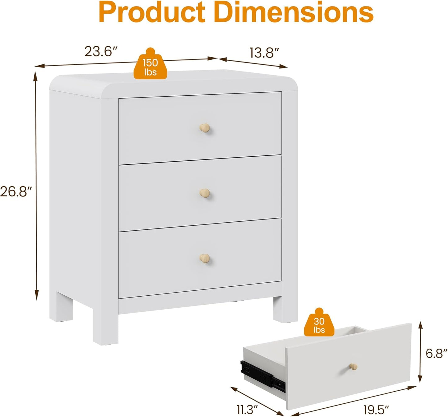 Royalcraft 3 Drawer Dresser, Modern Chest of Drawers with Rounded Table Corners, Wooden Closet Dresser Nightstand Side Table with Ample Storage Space for Bedroom, Living Room, Entryway, Natural Wood
