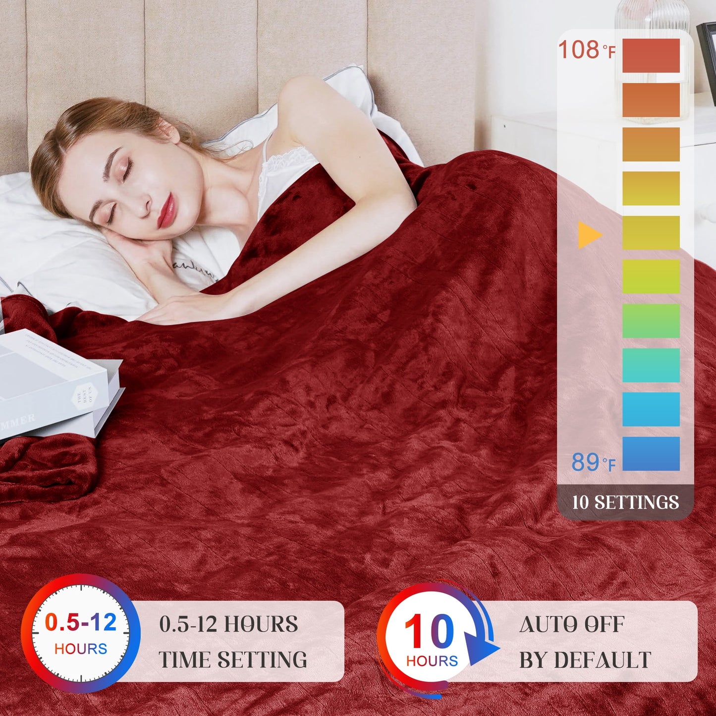 Electric Blanket Queen Size with Dual Controllers,10 Heating Levels& 12 hours Auto-off,Overheat Protection,Red