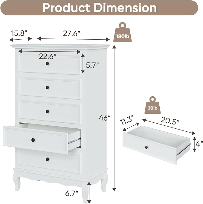 Royalcraft Dresser for Bedroom, Modern 5 Drawer Dresser with Solid Wood Legs and Painted Finish, Tall Chest of Drawers, Wooden Storage Cabinet Organizer for Living Room, Nursery, Hallway, Entryway