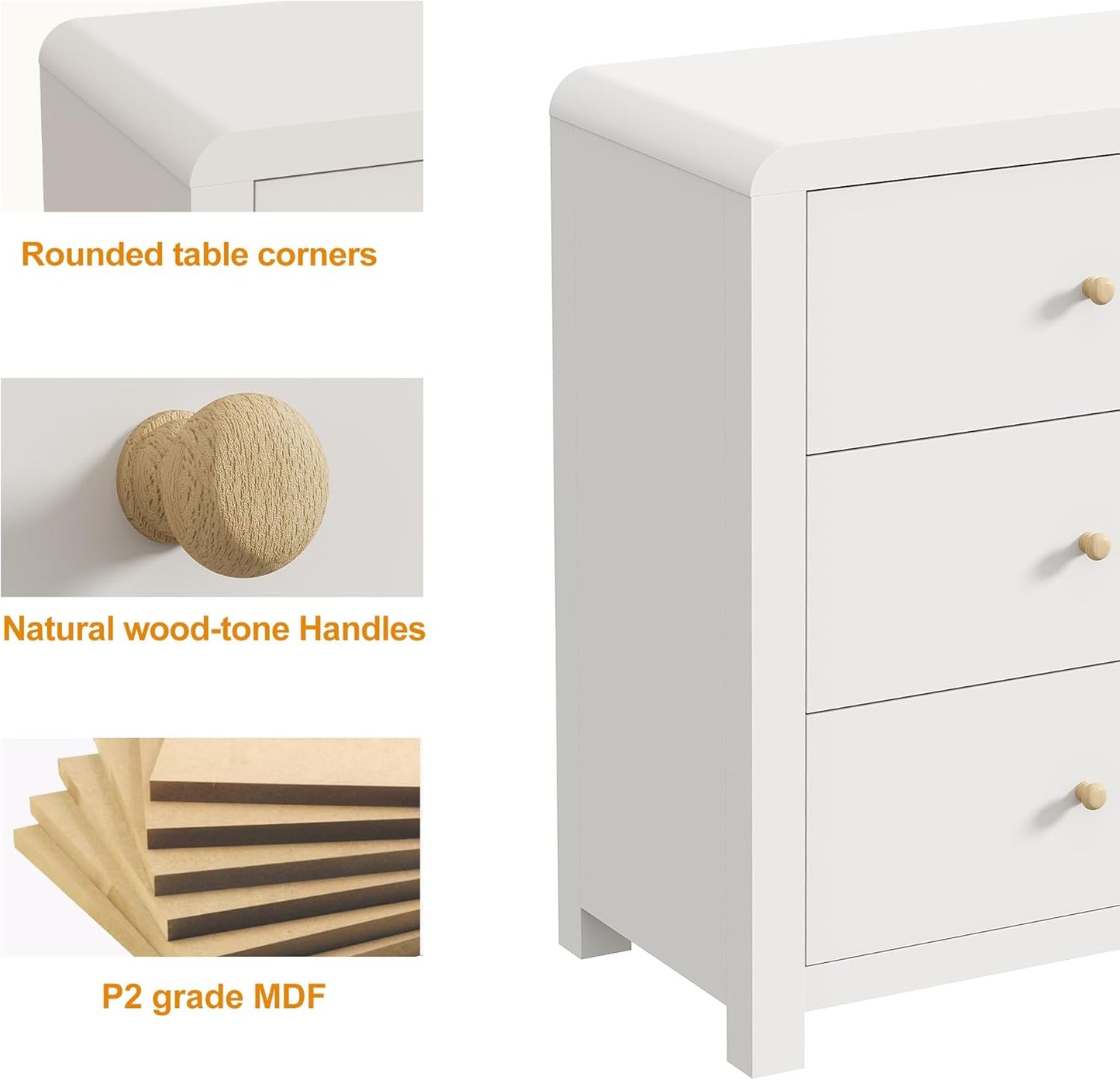 Royalcraft 3 Drawer Dresser, Modern Chest of Drawers with Rounded Table Corners, Wooden Closet Dresser Nightstand Side Table with Ample Storage Space for Bedroom, Living Room, Entryway, Natural Wood