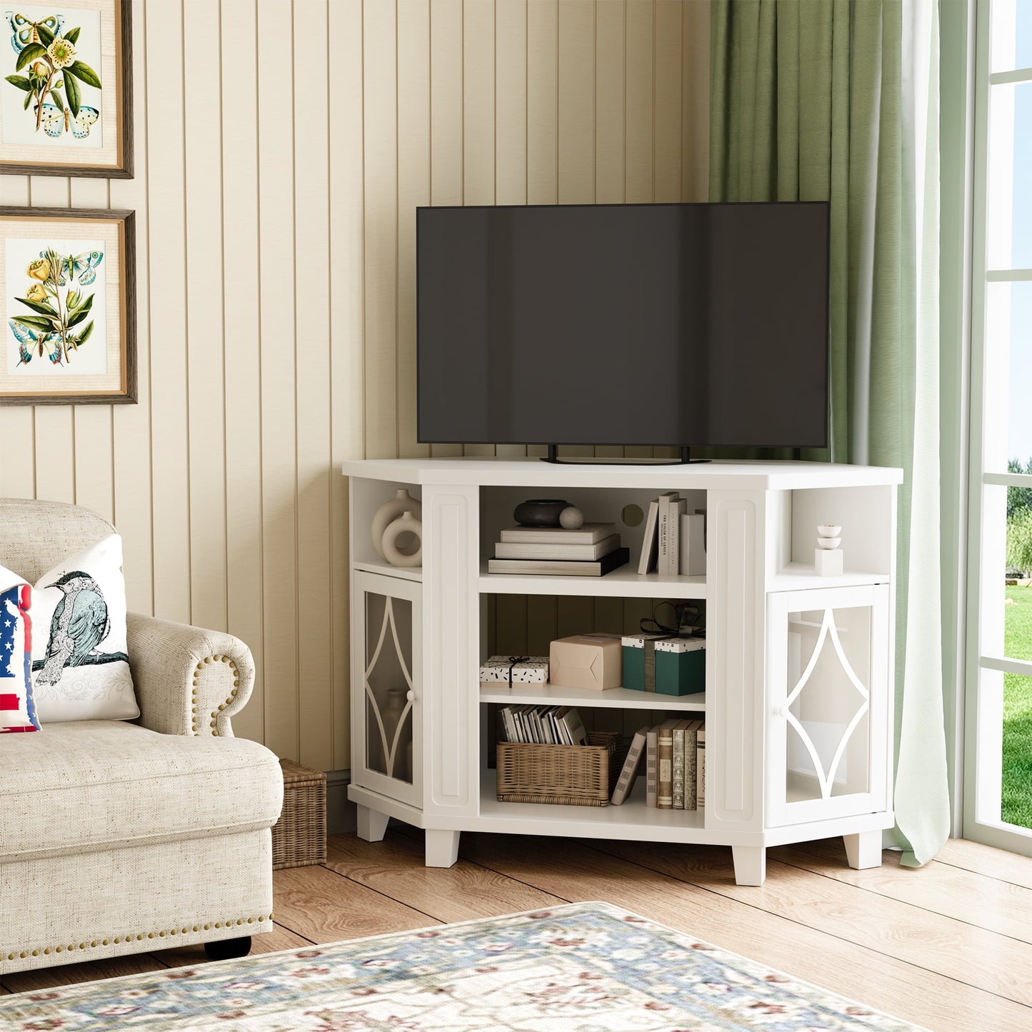 RoyalCraft Corner TV Stands for TVs up to 55'', Media Console Table with Adjustable Shelves, Acrylic Doors with Double-Diamond Design, Wood Modern Entertainment Center for Living Room Bedroom, White