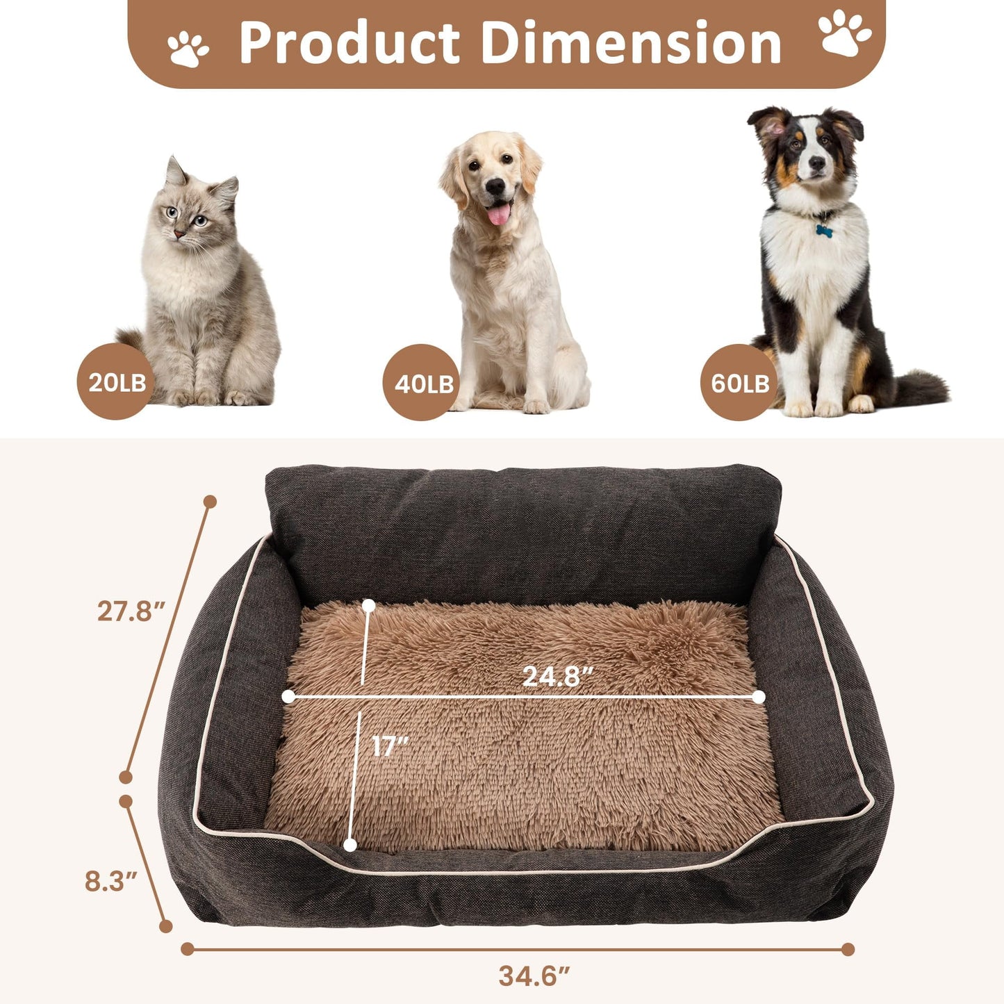 CozyHome Medium Dog Bed with Anti-Slip Bottom, Cat Bed with Removable Washable Cover, Plush Pet Bed for Dogs and Cats, Cute Dog Pillow Bed, Calming Cat Couch Bed for Indoor, Outdoor, Brown