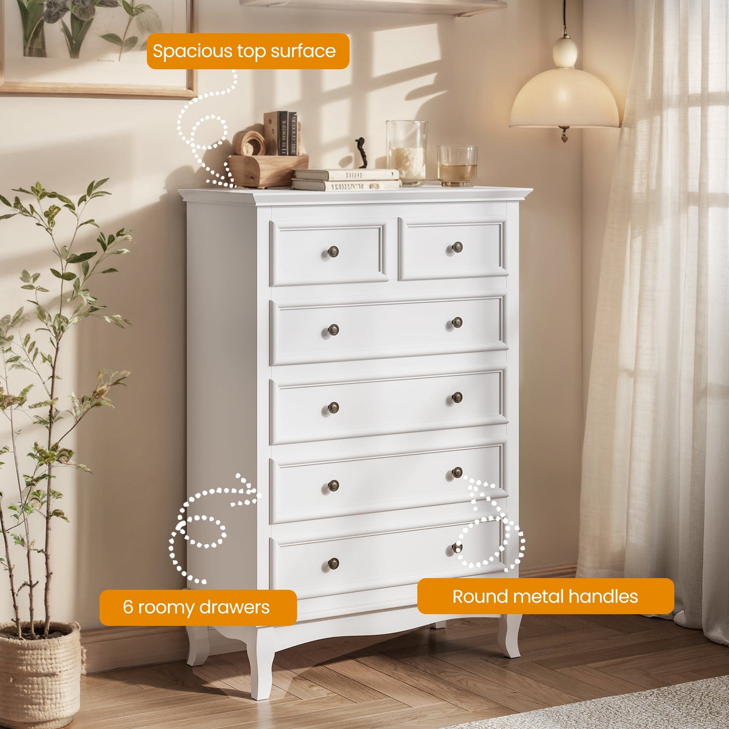 RoyalCraft White 6 Drawer Dresser, Large Storage Chest with Ball Bearing Slide, Wide Chest of Drawers, Modern Wood Dresser for Bedroom, Living Room, Hallway, Entryway, White