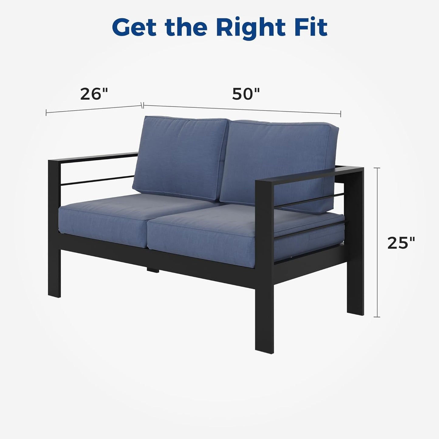 RoyalCraft Patio Furniture Aluminum Loveseat, All-Weather Outdoor 2 Seats Sofa Couch, Black Metal Chair with Blue Cushions
