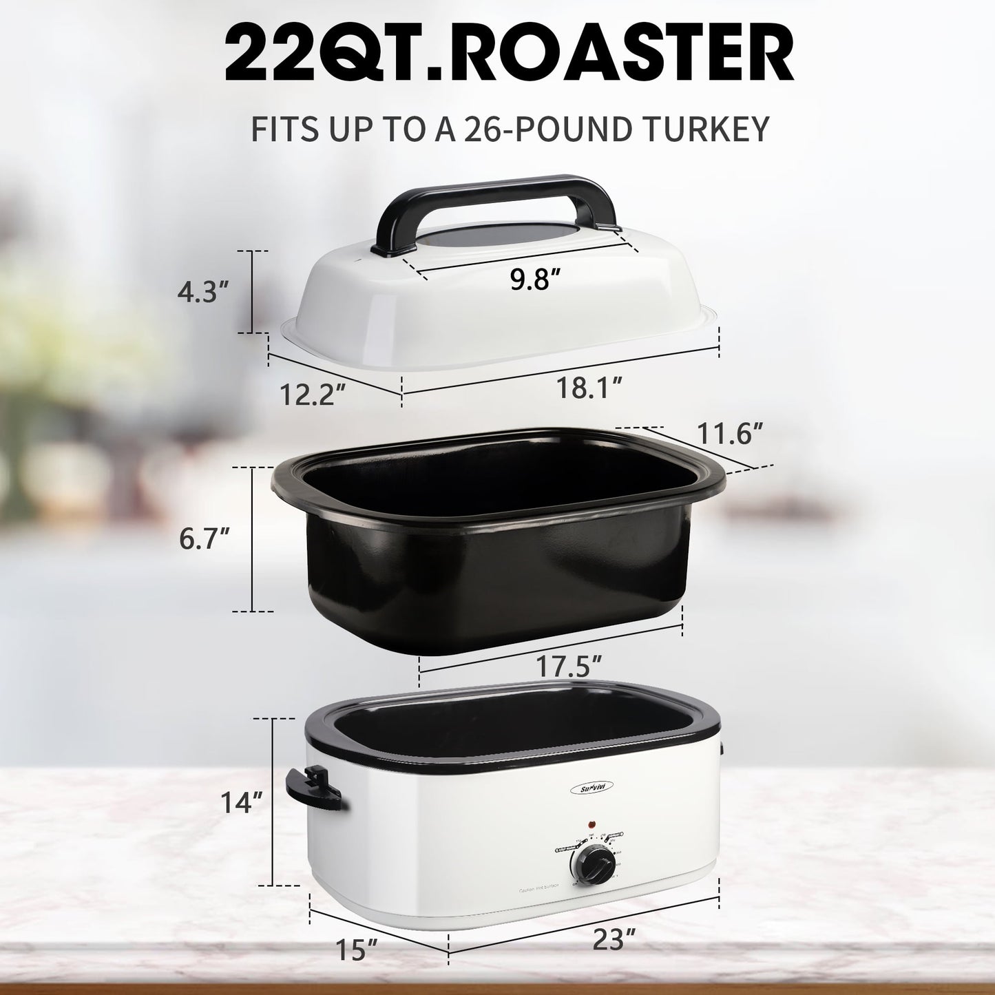 RoyalCraft 20 Quart Electric Roaster Oven with Self-Basting Lid, Stainless Steel, Silver