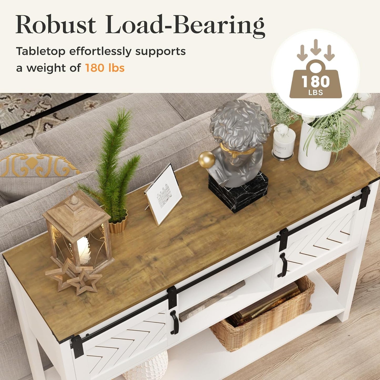 Royalcraft Entryway Table with Storage, 46" Modern Farmhouse Console Table with Sliding Barn Door, Wood Rustic Sofa Table with Adjustable Shelf for Hallway, Living Room, Foyer, White and Rustic Oak