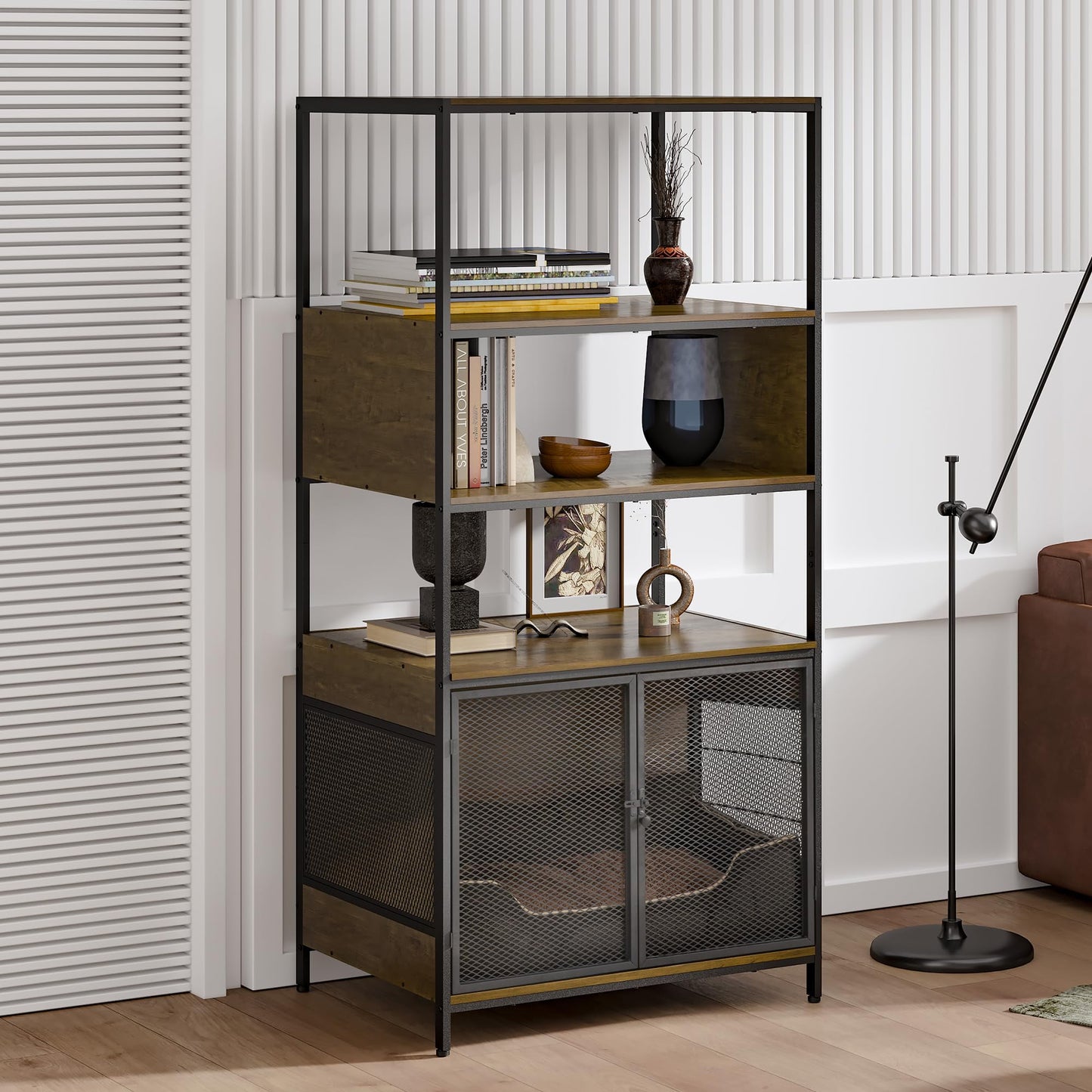 Superjoe Dog Crate Furniture with Display Shelf, Decorative Dog Crate Industrial Bookshelf with Kennel, Furniture Style Dog Crate for Medium Dog, Cat Litter Box Furniture, Brown