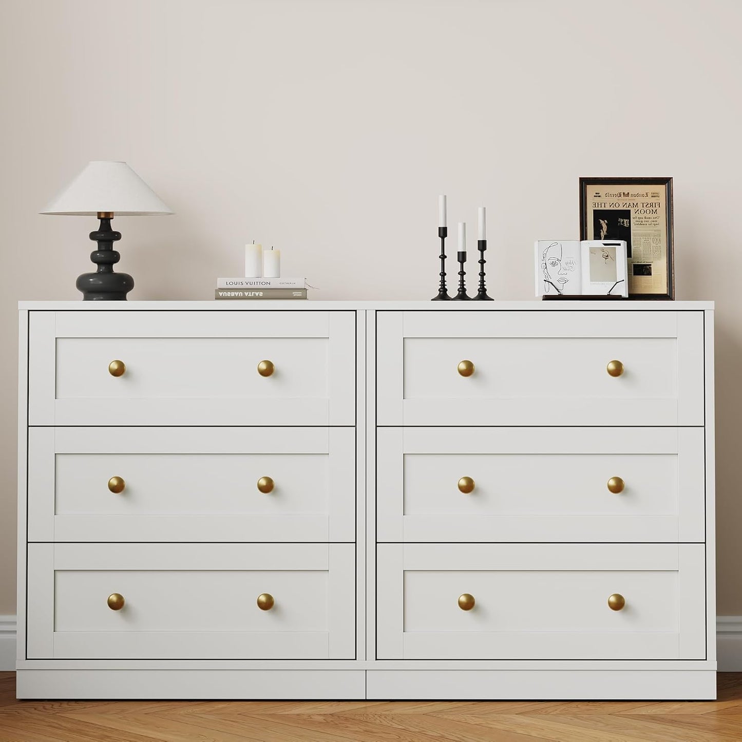 Royalcraft Nightstands, Modern 3-Drawer Bedside Tables with Gold Round Knobs, Wooden End Tables, Accent Chests of Drawers for Bedroom, Living Room, Hallway, or Closet