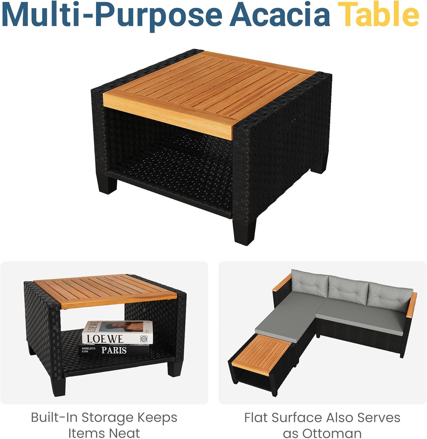 RoyalCraft 3-Piece Outdoor Patio Furniture Set, PE Wicker L-Shaped Sectional with Storage Table and Cushions, Small Rattan Conversation Set for Balcony Garden Deck
