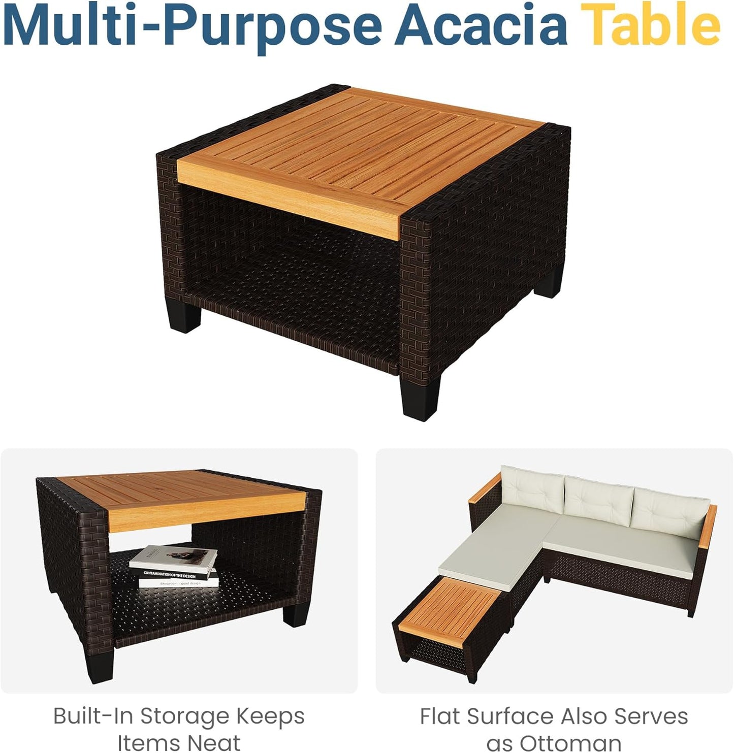 RoyalCraft 3-Piece Outdoor Patio Furniture Set, PE Wicker L-Shaped Sectional with Storage Table and Cushions, Small Rattan Conversation Set for Balcony Garden Deck