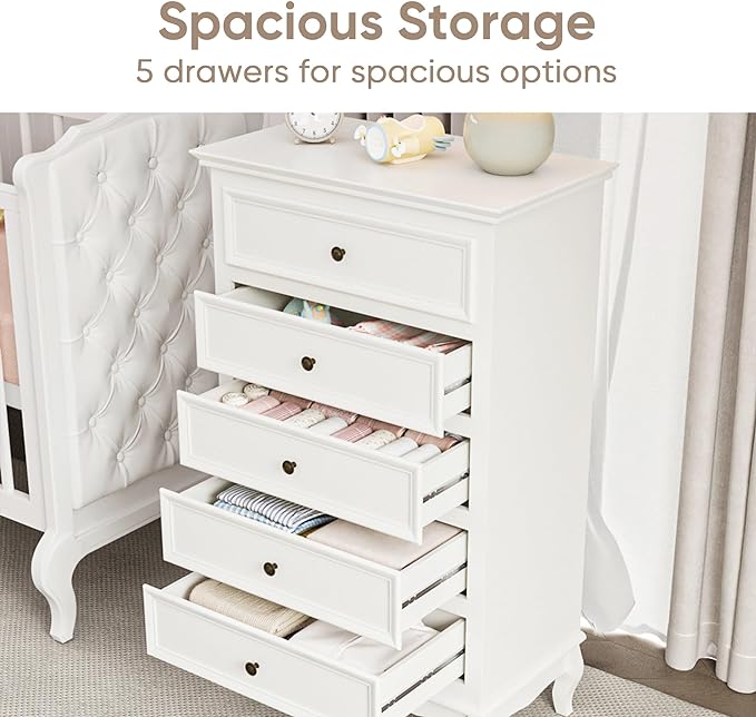 Royalcraft Dresser for Bedroom, Modern 5 Drawer Dresser with Solid Wood Legs and Painted Finish, Tall Chest of Drawers, Wooden Storage Cabinet Organizer for Living Room, Nursery, Hallway, Entryway