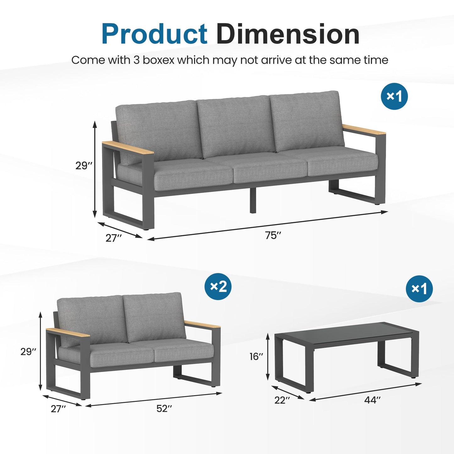 Aluminum Outdoor Patio Furniture Set with Height-adjustable Footrest for Lawn Porches Patio, 7-Seats All-weather Patio Sofa Sets with Coffee Table, Modern Outdoor Patio Conversation set, Grey