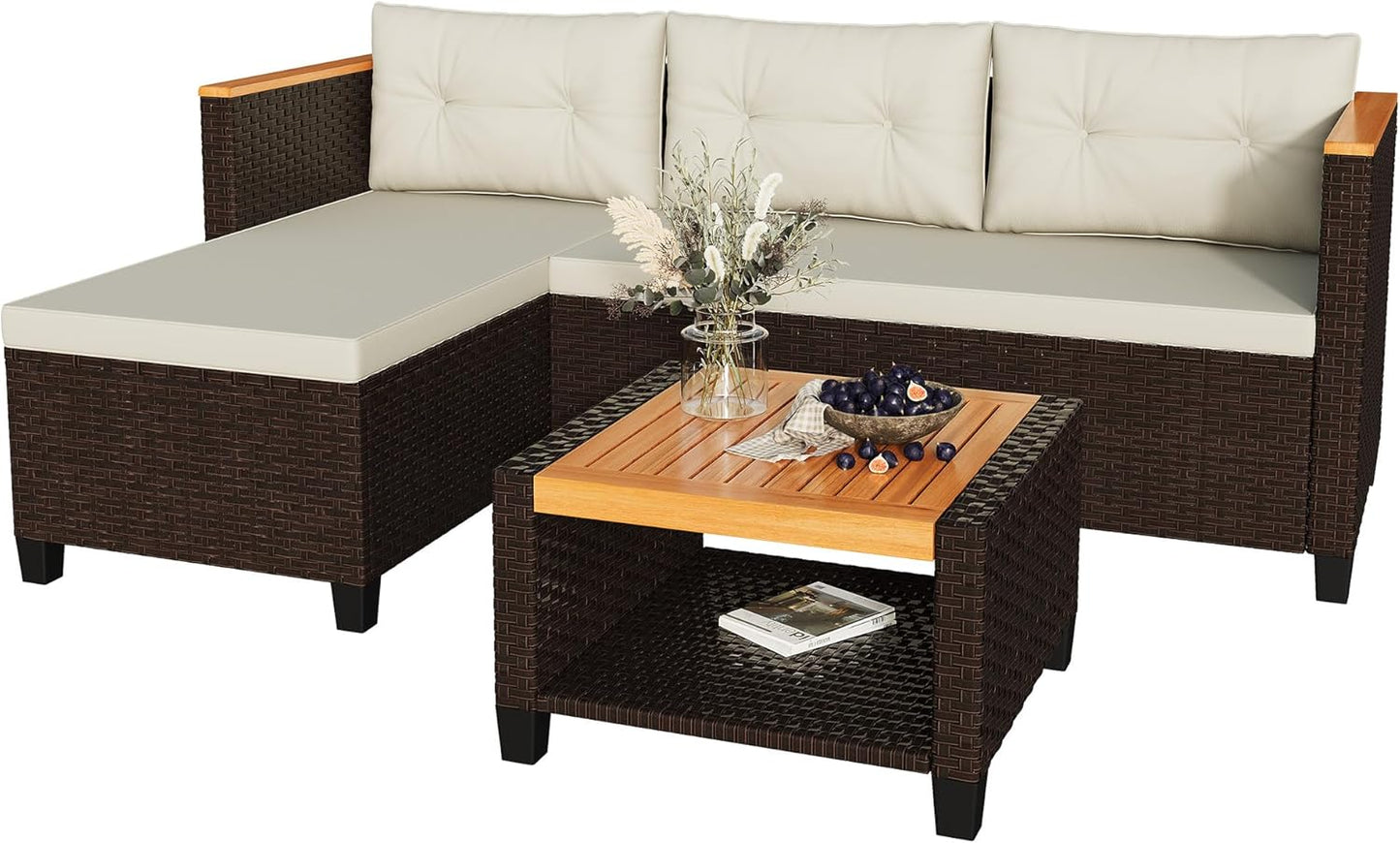 RoyalCraft 3-Piece Outdoor Patio Furniture Set, PE Wicker L-Shaped Sectional with Storage Table and Cushions, Small Rattan Conversation Set for Balcony Garden Deck