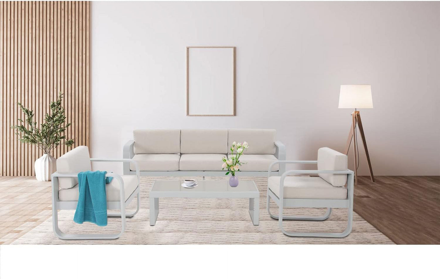 Royalcraft Aluminum Patio Furniture, Outdoor Metal Patio Furniture Conversation Set with Coffee Table, Outside Patio Sofa Sets with Cushion for Balcony Backyard Garden, Beige