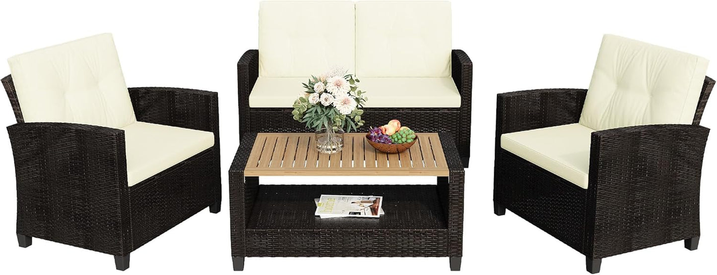 Royalcraft 4-Piece Wicker Patio Conversation Sets with Coffee Table, All Weather Patio Furniture Set with High Backrest, Outdoor Sectional Sofa Couch for Porch Balcony Backyard Deck, Grey