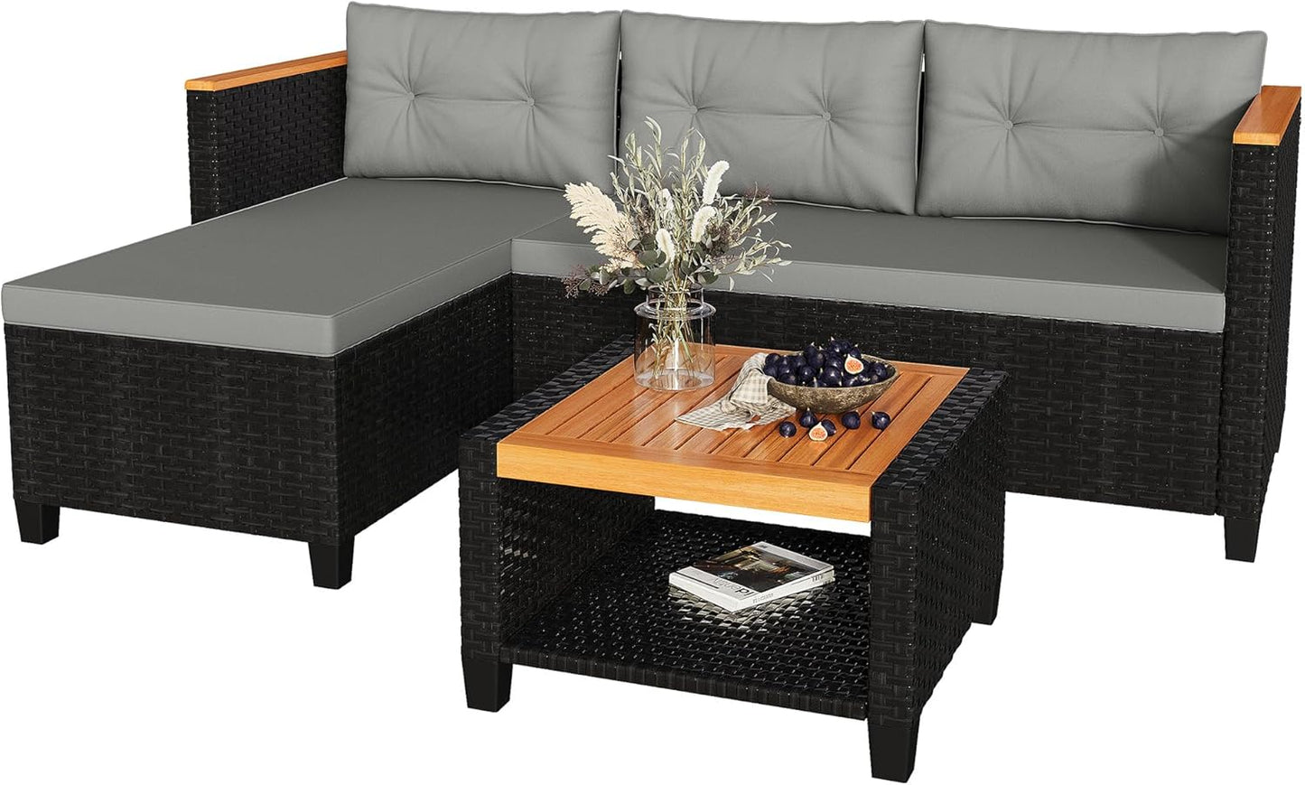 RoyalCraft 3-Piece Outdoor Patio Furniture Set, PE Wicker L-Shaped Sectional with Storage Table and Cushions, Small Rattan Conversation Set for Balcony Garden Deck