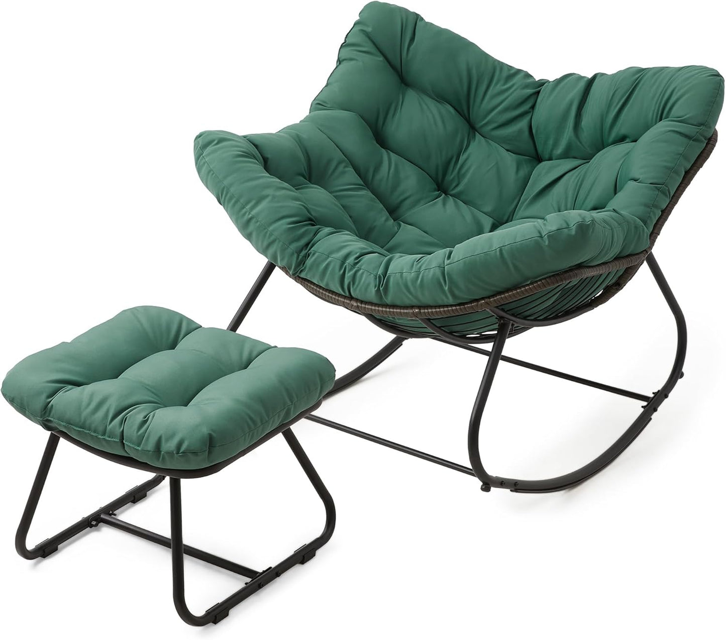 RoyalCraft Patio Rocking Chair with Ottoman and Cushions, Patio Wicker Egg Chair for Outdoor & Indoor, Oversized Papasan Chair, Outdoor Lounge Recliner Chair for Garden, Porch