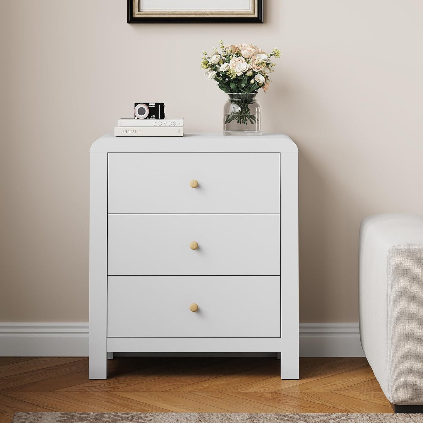Royalcraft 3 Drawer Dresser, Modern Chest of Drawers with Rounded Table Corners, Wooden Closet Dresser Nightstand Side Table with Ample Storage Space for Bedroom, Living Room, Entryway, Natural Wood