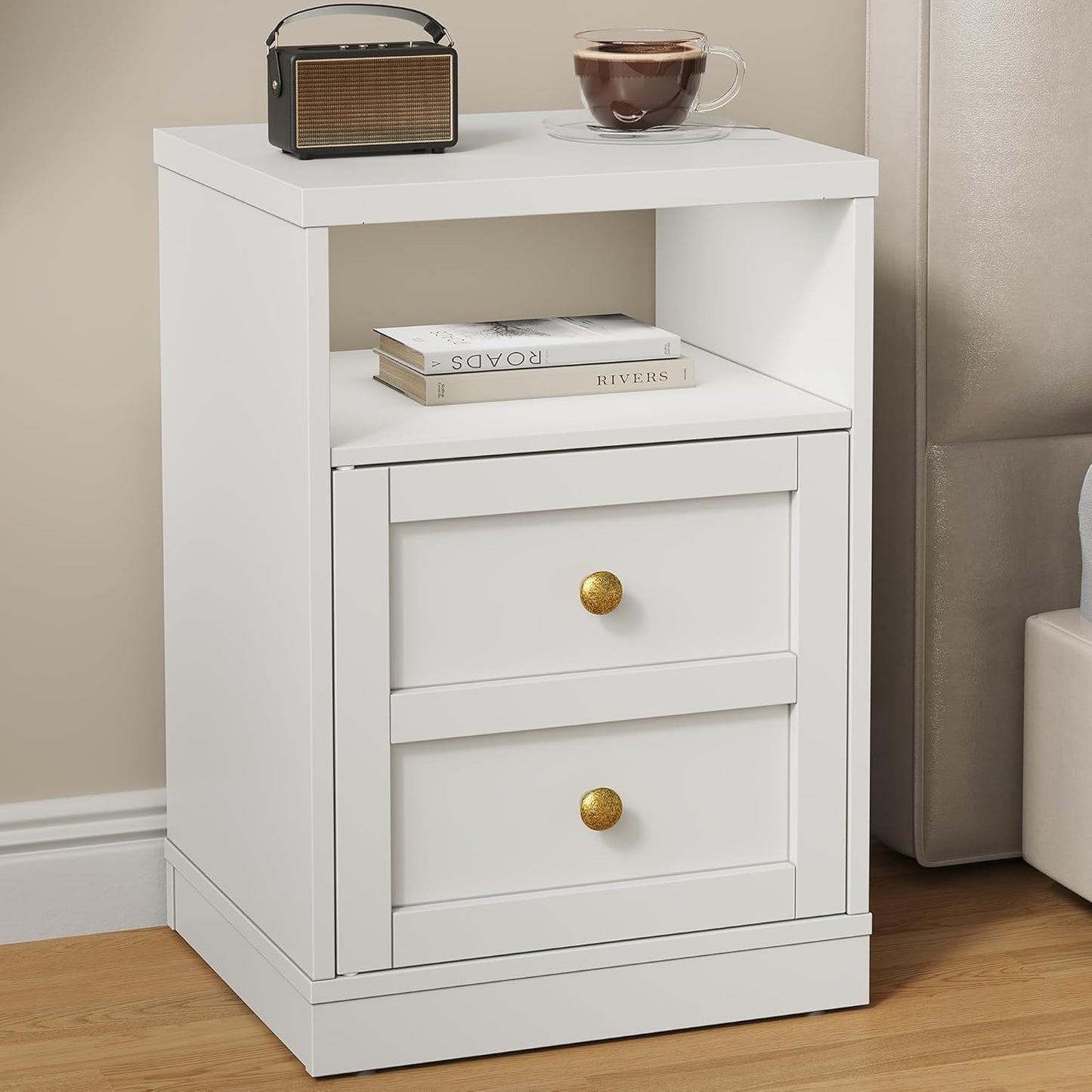 Royalcraft Nightstand with Storage Shelf and Door, Faux two-drawer Design Side Table , Modern Night Stand for Bedroom Dorm, Wood End Table for Living Room Small Spaces