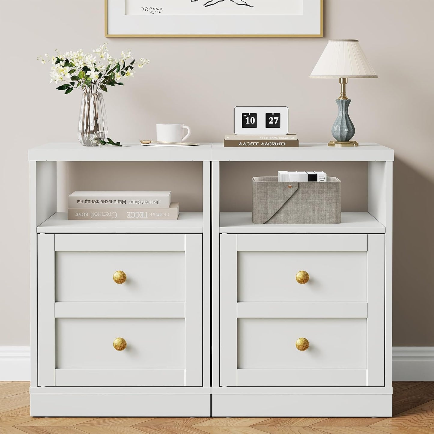 Royalcraft Nightstand Set of 2, End Table with Storage Shelf and Door, Faux two-drawer Design Side Table , Modern Night Stand for Bedroom Dorm, Wood Beside Table for Living Room Small Spaces