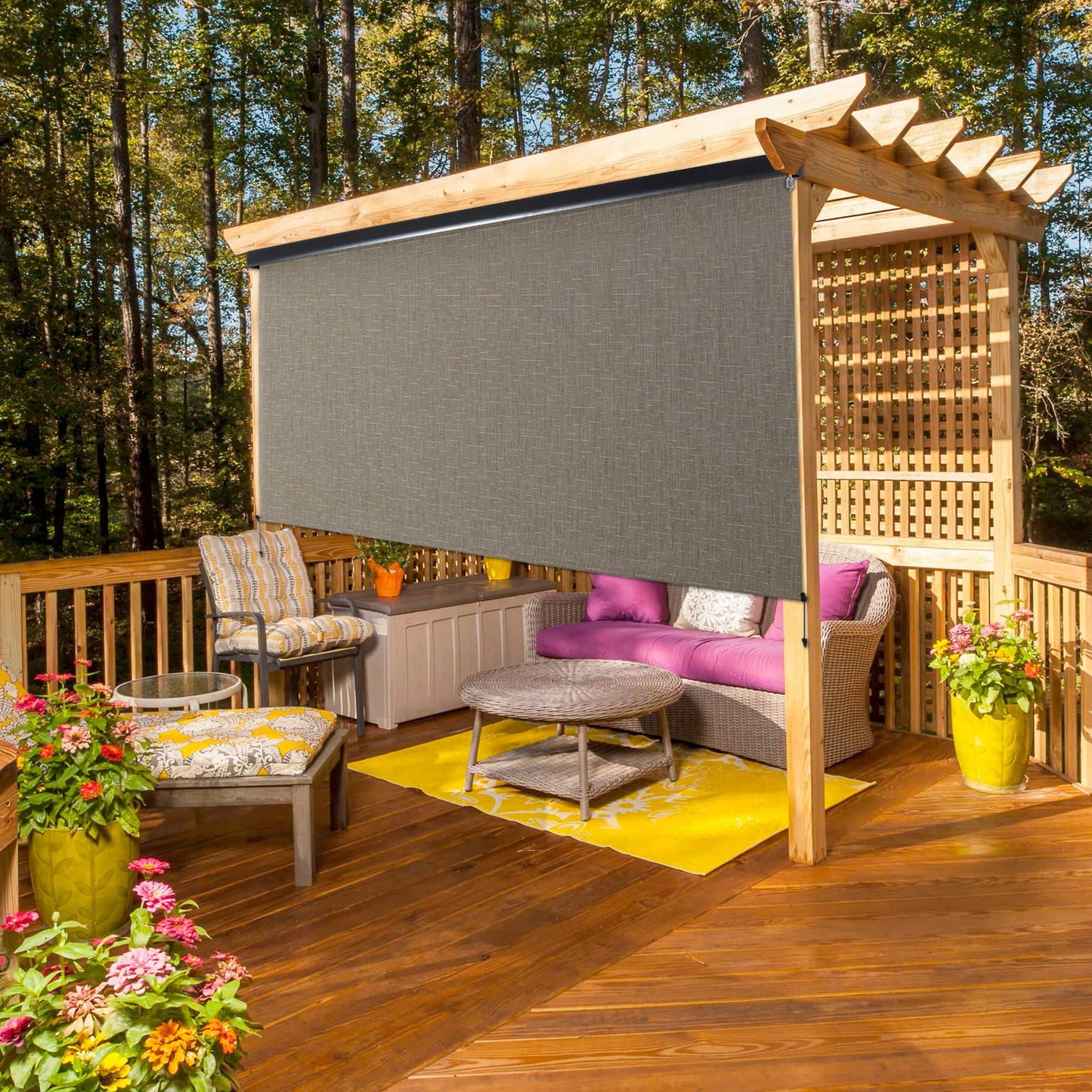 Royalcraft Cordless Outdoor Roller Sun Shade with Pole,8'Wx8'H 420GSM 95% Blockout Waterproof Outdoor Blinds Roll Up for Gazebo Porch, Deck, Pergola,Brown
