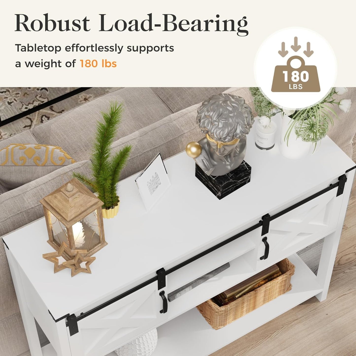 Royalcraft Entryway Table with Storage, 46" Modern Farmhouse Console Table with Sliding Barn Door, Wood Rustic Sofa Table with Adjustable Shelf for Hallway, Living Room, Foyer, White and Rustic Oak