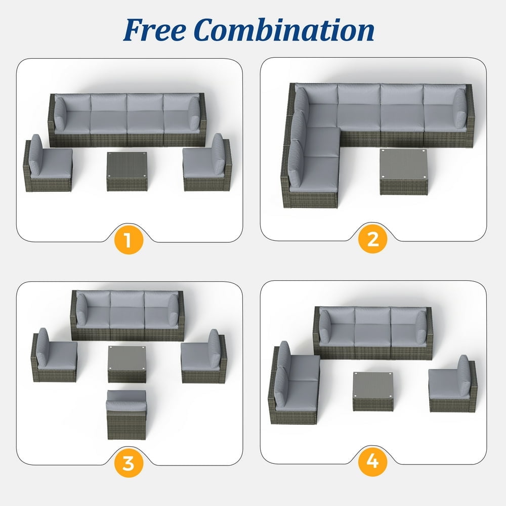 Royalcraft 7 Pieces Patio Conversation Sets, All-Weather PE Grey Wicker Outdoor Rattan Sectional Sofa, Patio Sofa Couch with Table and Grey Cushions