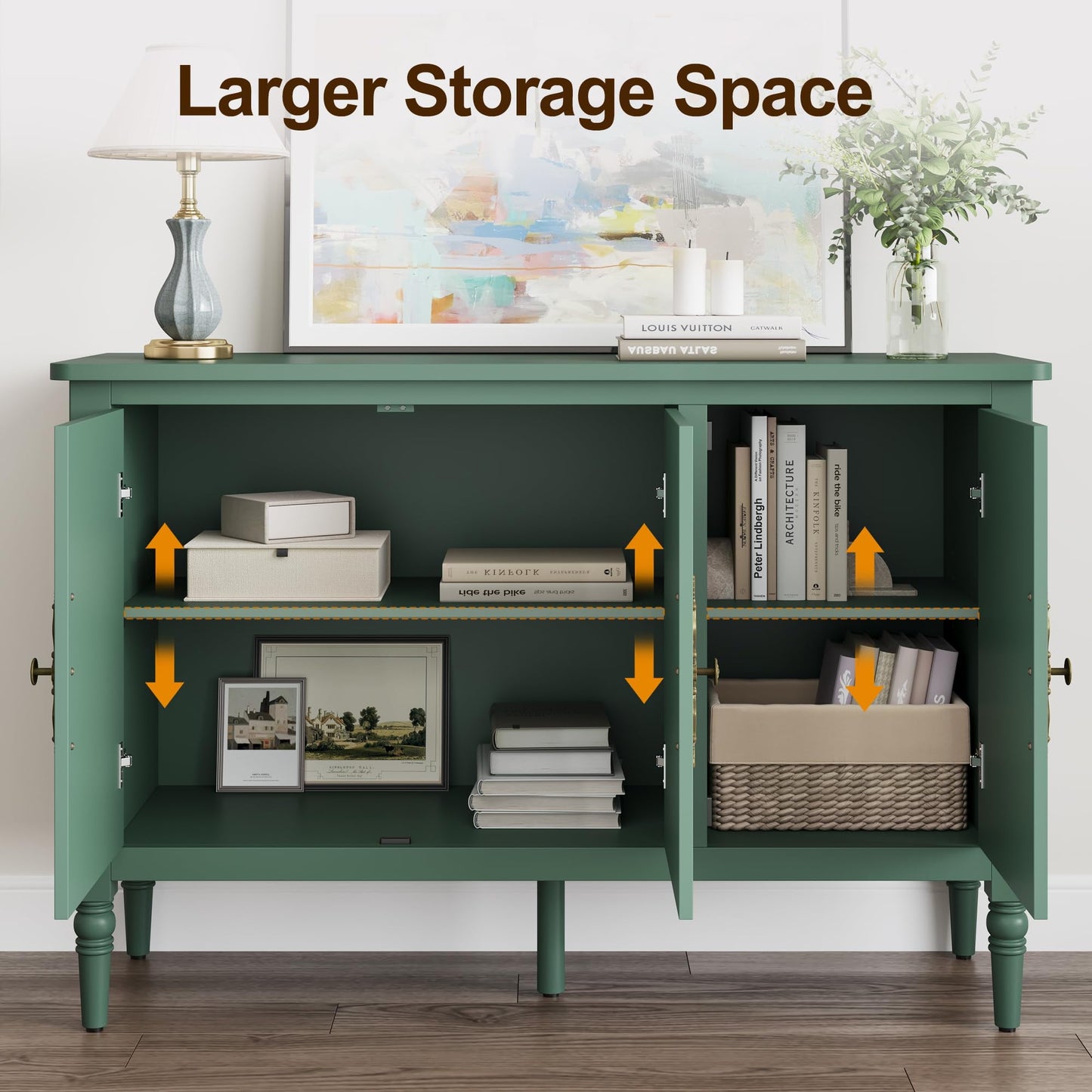 May in Color Storage Cabinet with 3 Doors, Mid-Century Sideboard Cabinet with Adjustable Shelves, Wood Buffet Cabinet with Turned Legs, Accent Cabinet for Entryway, Living Room, Dining Room, Green