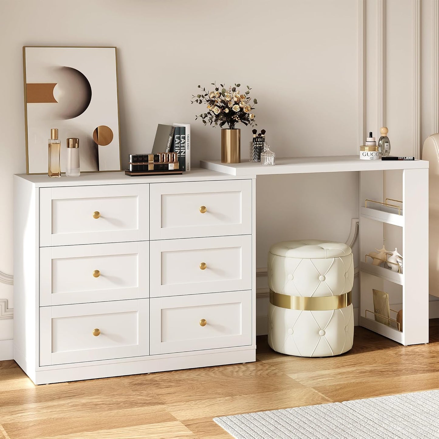 Royalcraft 6-Drawer Extendable Corner Vanity Table and Dresser Combo with 3 Side Shelves, Makeup Vanity Desk, Wood Dressing Table for Bedroom, Dressing Room