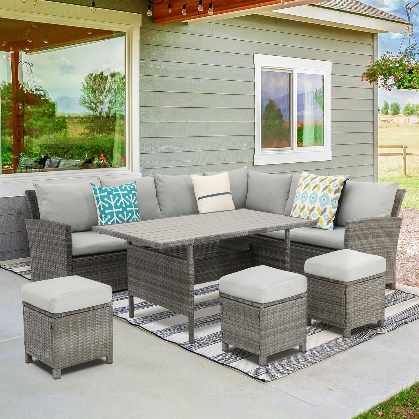 RoyalCraft Patio Furniture Set, 7 Piece High Curved Back Outdoor Dining Sectional Sofa with Dining Table and Chair, All Weather Wicker Conversation Set with Ottoman
