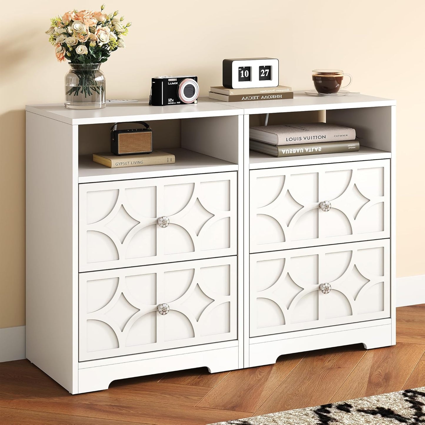 RoyalCraft Large Nightstand with 2 Drawers, Modern Side Table with Charging Station, Accent End Table with Diamond Carvings, Storage Cabinet for Living Room, Bedroom, Entryway, Set of 2