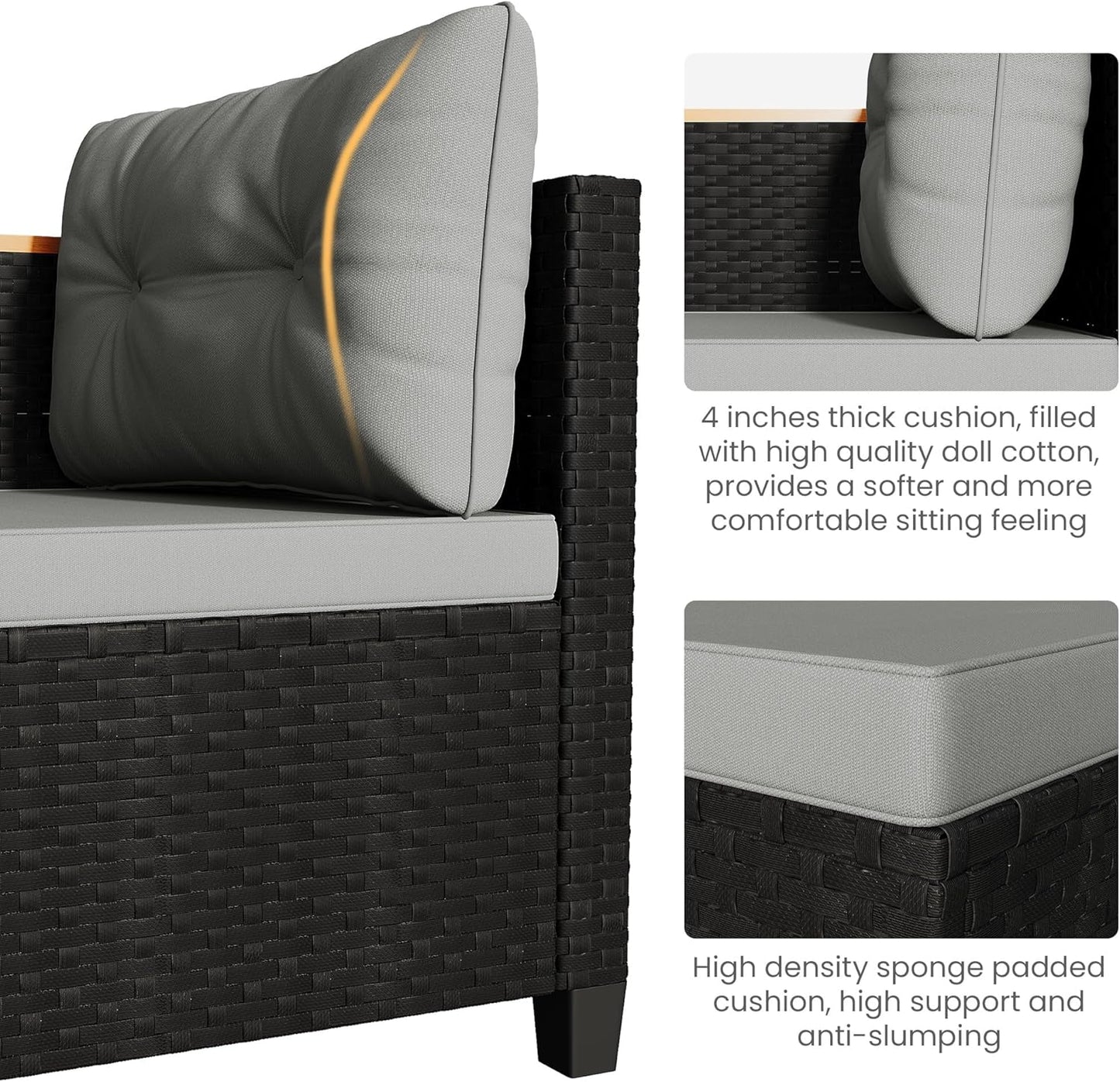 RoyalCraft 3-Piece Outdoor Patio Furniture Set, PE Wicker L-Shaped Sectional with Storage Table and Cushions, Small Rattan Conversation Set for Balcony Garden Deck