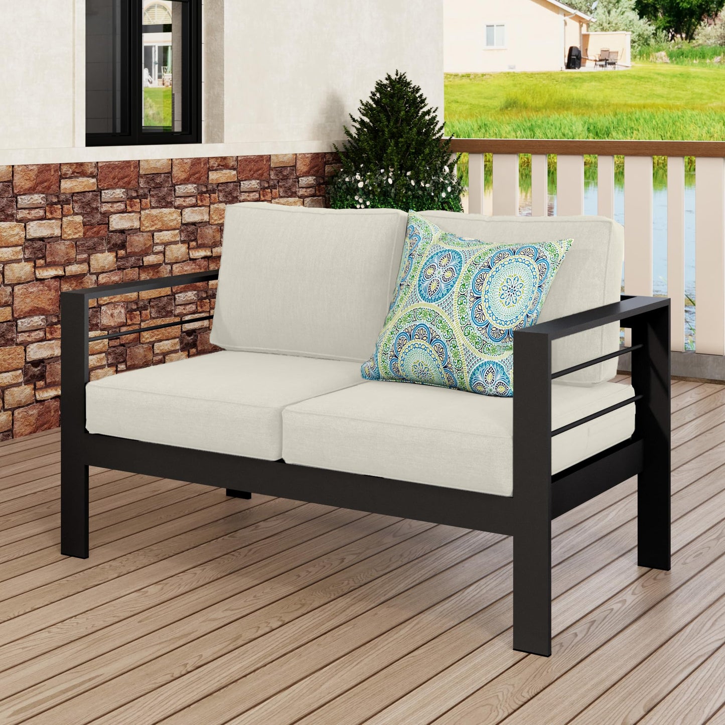 CozyHome Outdoor Loveseat Aluminum Patio Furniture Sofa, All-Weather Metal Outdoor Couch with Cushions,Beige