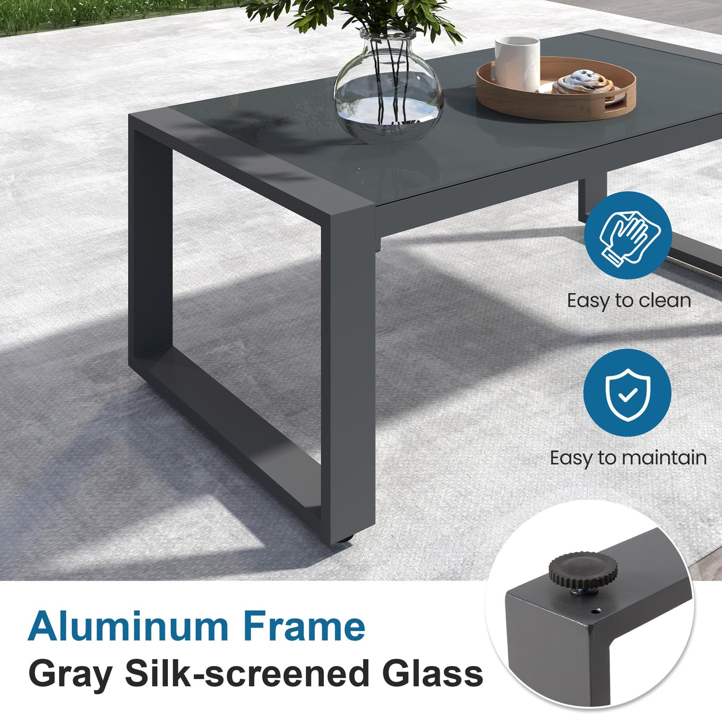 Aluminum Outdoor Patio Furniture Set with Height-adjustable Footrest for Lawn Porches Patio, 6 Piece All-weather Patio Sofa Sets with Coffee Table & Ottomans, Outdoor Patio Conversation set, Grey