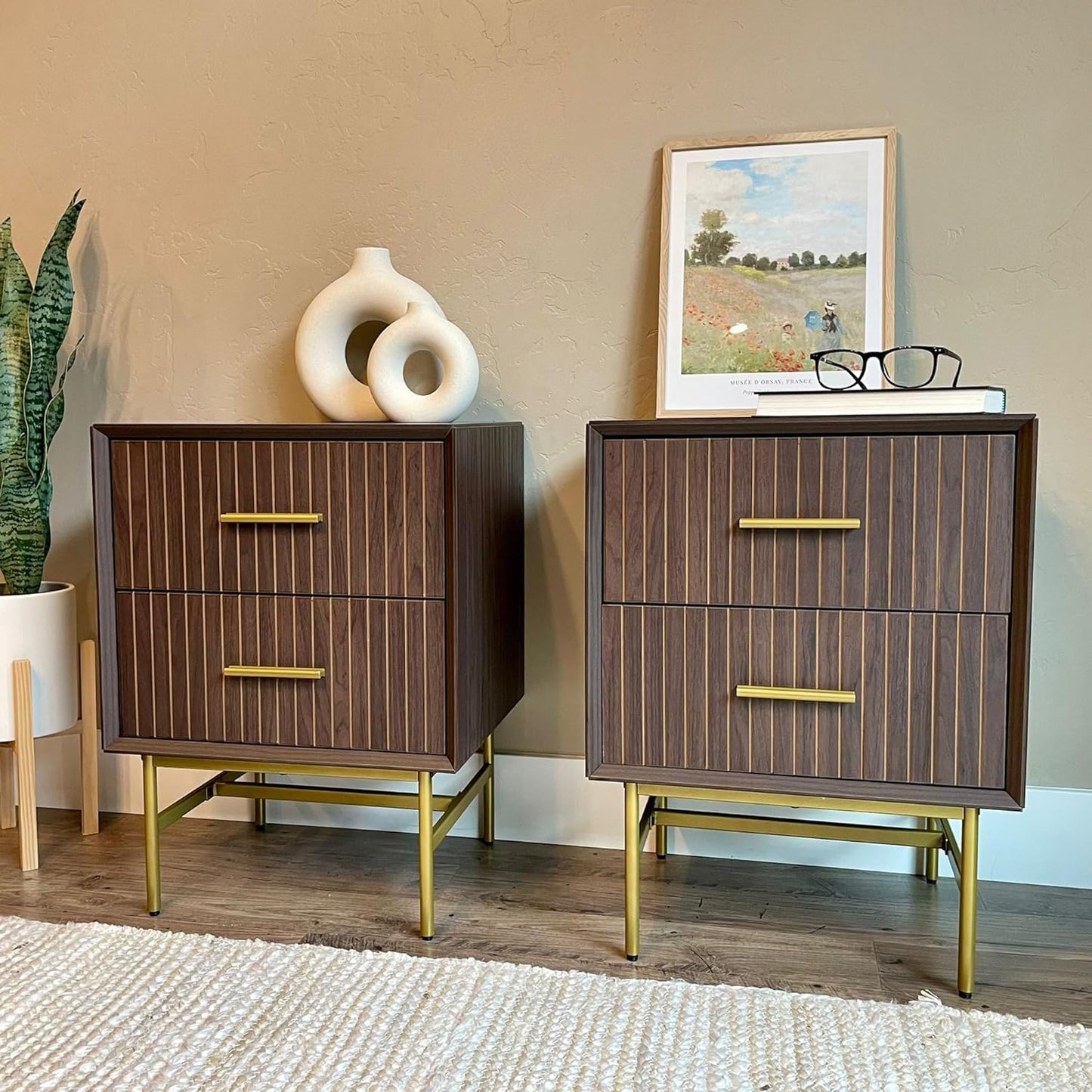 Royalcraft Nightstands set of 2, Wood Side Table with 2 Drawers, 2-Tier End Table with Adjustable Feet and Metal Leg, Modern Night Stands Cabinet for Bedroom, Living Room, Home Office, Charcoal Walnut